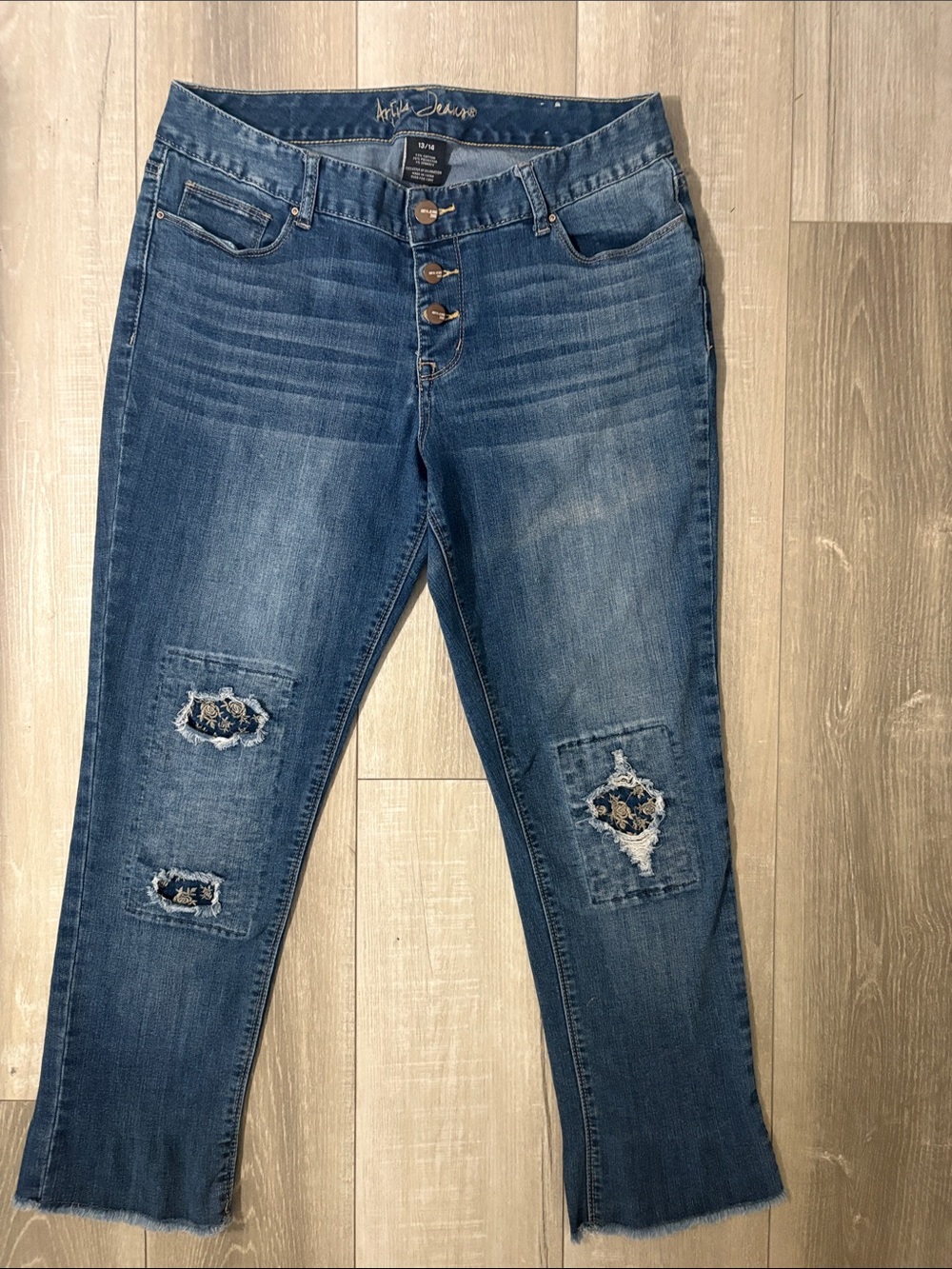 Aryia  Distressed Knee Patches  Blue Button-Fly Jeans